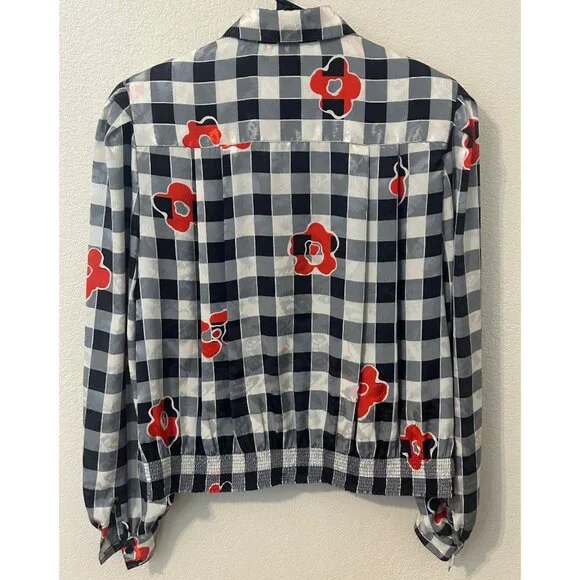 Vintage Anne Klein Women's Black White Gingham Checkered Blouse Red Poppy Size 8 - Picture 2 of 9